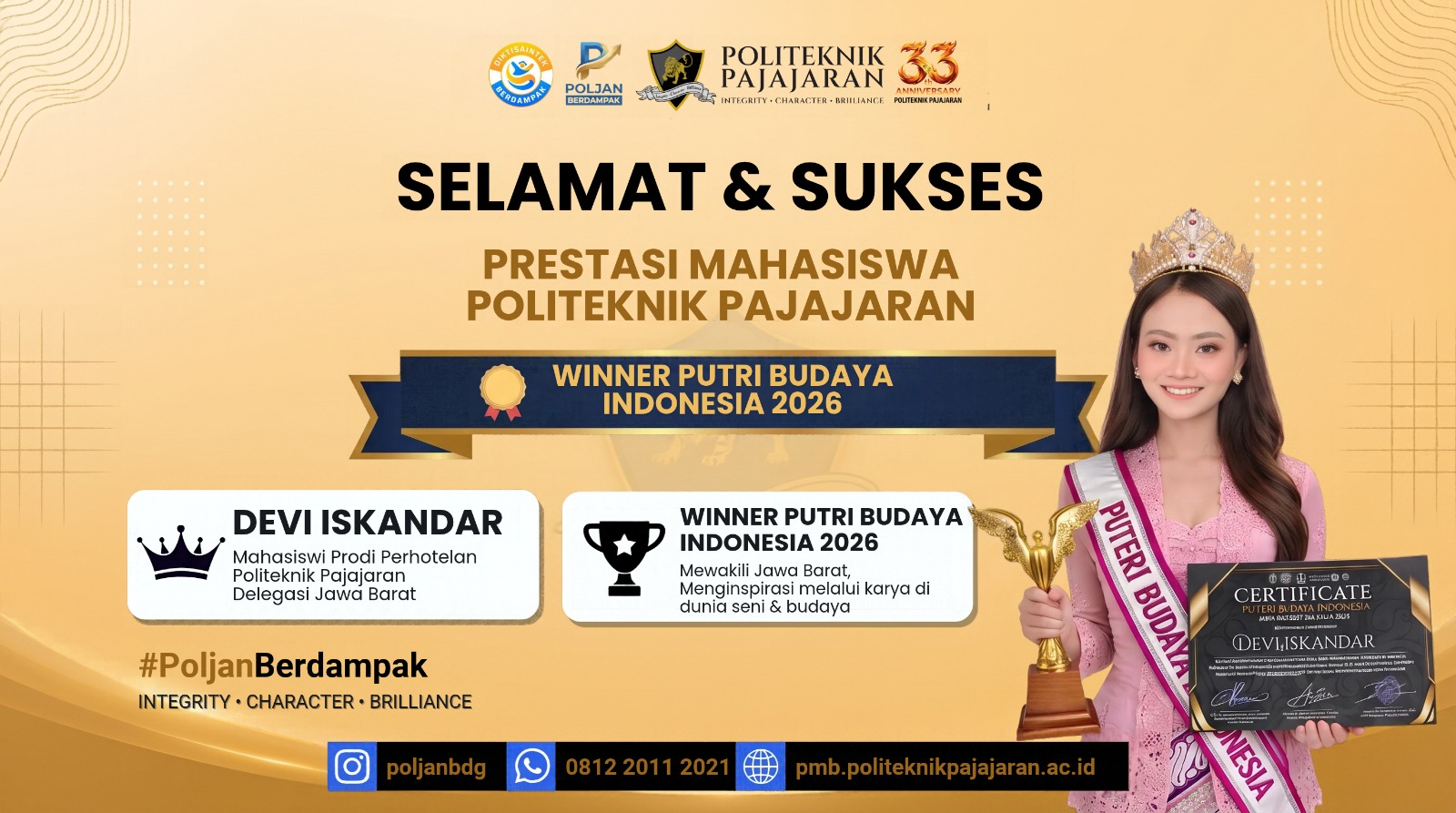 Membanggakan! Mahasiswi Prodi Perhotelan Politeknik Pajajaran, Devi Iskandar, Raih Gelar Winner Putri Budaya Indonesia 2026